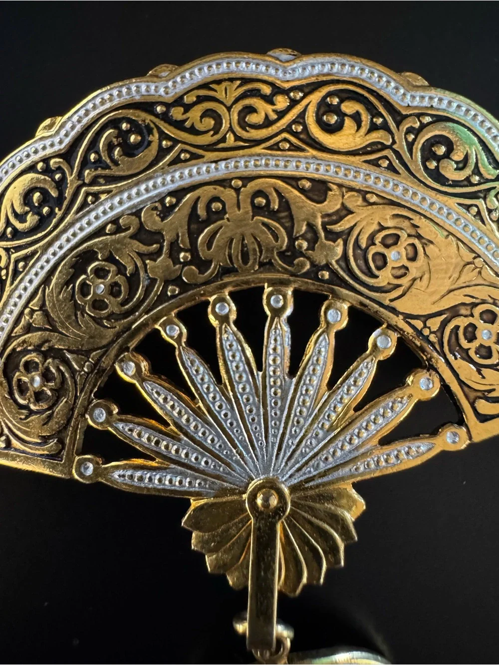 Vintage Gold Tone Fan Brooch - Black Enamel - Dangle Hair Comb - Victorian